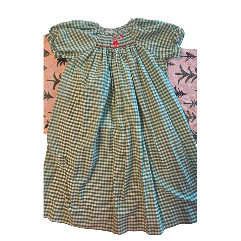 Konffetty Kids Smocked Gingham Dress Gingerbread Embroidery 4T Green Christmas
